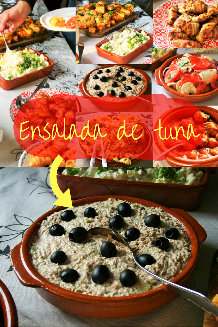 Beste tonijnsalade! Ensalada de tuna, een simpele succesvolle Spaanse heerlijke tonijnsalade. Fris door augurkjes, Spaans door de versiering met zwarte olijven. BBQ feestje? tapasfeestje? Lunch? Zie het recept op Mels Feestje