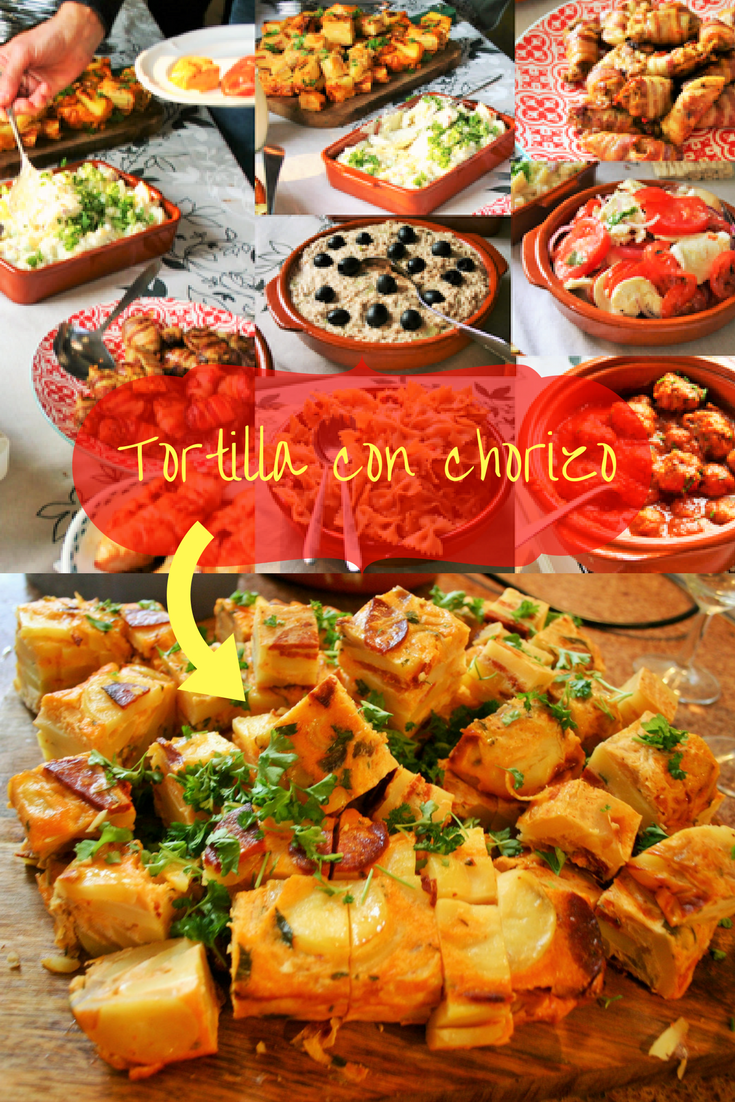 "Pinterest plaatje - 8 makkelijke tapas - Tortilla de patatas con chorizo, de beroemdste Spaanse aardappel omelet met chorizo, knoflook en ui - Tapasfeestje - Mels Feestje"