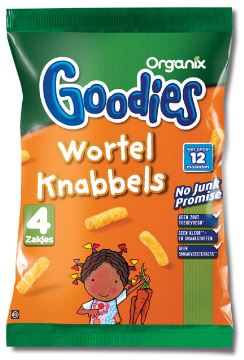 Goody Wortel Knabbels 4 zakjes. Biologische Wortel Chips in de oven gebakken mais- en aardappelknabbel met wortel en koriander. Lekkere snack voor je dreumes of baby