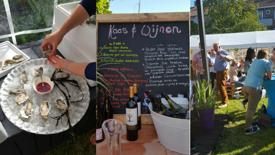 "Ons Tuinfeest juli 2016. Bubbels en oesters. Mooie wijnen en lekkere kaasjes beschreven op een krijtbord. Sfeer impressie van een tuinfeest met lekkere hapjes. Mels Feestje