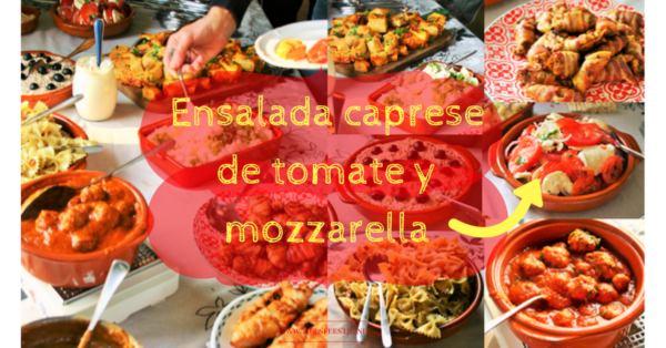 Tapas bijgerecht. Hoort bij 8 makkelijke tapas. Ensalada caprese de tomate y mozzarella - Zomerse Spaanse tomatensalade met mozzarella knoflook uienringen en basilicum. Leuk & lekker voor op je tapasfeestje, maak een tapas buffet. ook een ideaal tomaten mozarella bijgerecht of salade voor bij de BBQ - Mels Feestje"