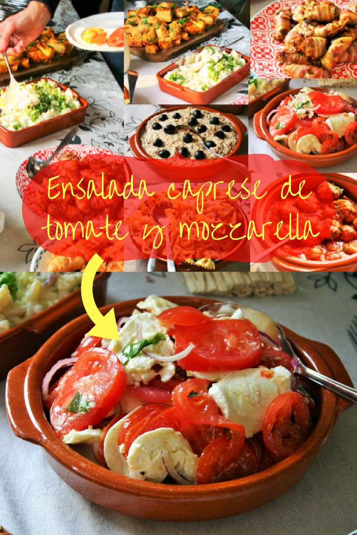 Ensalada caprese de tomate y mozzarella - Zomerse Spaanse tomaten salade met mozzarella knoflook uienringen en basilicum - BBQ salade - Tapasfeestje - Mels Feestje