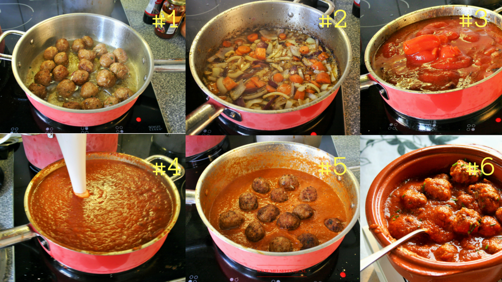 "Stap 2- Het bakken van de gehaktballen en maken van de saus. Albondigas, de bekendste Spaanse gehaktballetjes in een pittige tomatensaus - Tapasfeestje - Mels Feestje"
